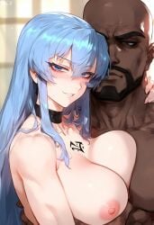 1boy 1girls ai_generated akame_ga_kill! bare_arms bare_breasts bare_shoulders big_breasts blue_eyes blue_hair blush color dark-skinned_male dark_skin esdeath_(akame_ga_kill!) female hi_res interracial large_breasts light-skinned_female light_skin long_hair looking_at_viewer male male/female muscles muscular muscular_male nakatori nipples tagme