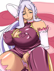 bare_shoulders beauty_mark blue_eyes breasts chinese_clothes clitoris curvy doro_(pixiv1599005) dress elbow_gloves erect_nipples female hair_intakes huge_breasts koihime†_(series) koihime_musou kougai_koufuku labia long_hair mole nipples plump ponytail pubic_hair puffy_nipples purple_hair pussy skirt_lift smile solo spread_legs thick_thighs thighs tied_hair uncensored