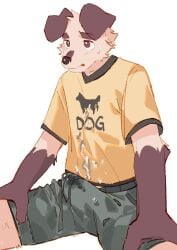 2022 anthro biped black_eyes bodily_fluids bulge canid canine canis clothing cum cum_on_clothing detailed_bulge domestic_dog floppy_ears fur genital_fluids hemuchang hi_res looking_at_viewer male mammal precum precum_through_clothing shin_(hemuchang) slim_anthro slim_male solo sweat sweatdrop wet wet_clothing white_body white_fur