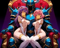 1boy 1boy2girls 2girls 2girls1boy ai_generated armor armored_male bare_shoulders belly_button breasts captured_heroine chains clothed_male_nude_female collar elbow_gloves faceless_male faris_scherwiz final_fantasy final_fantasy_v gold_chain green_eyes hair_between_eyes headpiece height_difference heroine_in_trouble large_breasts lenna_charlotte_tycoon linked_collar long_hair looking_at_viewer motion_lines mouth_veil navel nipples notreallyhere parted_lips perky_breasts pink_hair pirate princess purple_hair raised_inner_eyebrows see-through short_hair sisters sitting sitting_on_lap sitting_on_person size_difference skindentation spiked_pauldrons spotlight sweat thighhighs throne unseen_male_face white_thighhighs