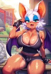 1furry 1girls ai_generated anthro bat big_breasts blush breasts cleavage furry gym_clothes looking_at_viewer looking_back nipples rouge_the_bat sonic_(series) sonic_the_hedgehog_(series) sweatdrop sweaty