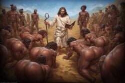 ai_generated ass bent_over big_ass big_butt book brown_skin desert judaism male male_only moses multiple_males nude nudity round_ass staff very_dark_skin