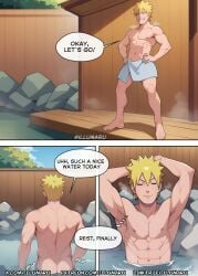 1boy 1boy1girl 1girls 2024 abs ai_generated comic detailed doujinshi english_text hi_res hot hot_spring illumaru manga naruto naruto_(series) naruto_shippuden nude relaxing sound_effects stable_diffusion text towel uzumaki_naruto water webcomic