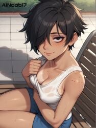 1girls ai_generated ainoob17 dark_hair female freckles original_character public solo solo_female stable_diffusion taina_(original_character) tan_body tanline tomboy