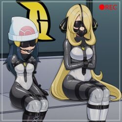 2girls ball_gag beanie belt blindfold blindfolded blonde_hair blue_hair blush bodysuit bondage bondage_outfit bound bound_legs breasts captured commentary corruption creatures_(company) cynthia_(pokemon) dawn_(pokemon) enemy_conversion female female_only gag gagged game_freak gimp_suit hair_ornament hat hi_res kidnapped latex long_hair muzzled nintendo nkgw paid_reward_available pokemon pokemon_champion pokemon_dppt recording request saliva sidelocks sitting skintight_bodysuit team_galactic very_long_hair