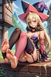 ai_generated blonde_hair blush blush bottomless feet foot_fetish green_eyes magilou_(tales) pussy smile soles soles_female soles_fetish tales_of_berseria