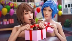 1boy 2girls 3d blowjob blue_eyes blue_hair brown_hair chloe_price dark-skinned_male fellatio female gift human interracial koomer licking_penis licking_tip life_is_strange looking_at_viewer male max_caulfield multiple_girls nude oral penis