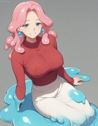 1girls ai_generated blue_eyes melting pink_hair slime slime_girl smile supergetthi turtleneck wavy_hair