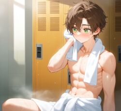 1boy after_bath after_bathing after_shower ai_generated bishonen blossomtea blush blush_lines brown_eyebrows brown_hair canon_design eyebrows eyebrows_visible_through_hair genderswap_(ftm) green_eyes highlights_(coloring) kivotosxl_(model) light_blush locker_room lockers mai_shishikusa male male_only masa_works_design midriff navel nipples oni_to_kitsune_no_hanashi rule_63 self_upload shiny shiny_body shiny_hair shiny_skin short_hair slightly_muscular slightly_muscular_male solo solo_male steam topless topless_male towel towel_around_neck towel_around_waist wet wet_body wet_hair wet_skin yodayo