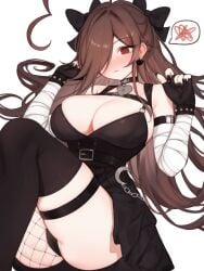 1girls big_breasts black_dress black_gloves black_nails black_panties blush bow bows breasts brown_hair chains choker fishnet_legwear goth goth_girl heart_choker long_hair long_nails red_eyes revealing_clothes sky_(skyaboveme) skyaboveme thighhighs thighs thighs_together white_background