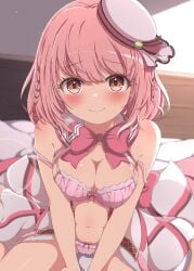 blush bowtie braided_hair brown_eyes cameltoe closed_mouth frills hands_between_thighs hat hat_ribbon hoshizaki_akari lace_trim large_breasts lingerie medium_hair on_bed ongeki pink_hair pink_lingerie ready_to_fuck sega smile wariza white_headwear