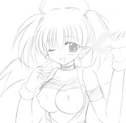 arcana_heart artist_request blush breasts censored large_breasts lilica_felchenerow lowres monochrome nipples penis pointy_ears sketch wings wink