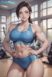 1girls ai_generated blue_eyes eye_contact female female_only gym hands_on_hips smiling_at_viewer solo sports_bra sports_panties ultilongrod wii_fit wii_fit_trainer wii_fit_trainer_(female)