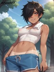 1girls ai_generated ainoob17 dark_hair female freckles original_character public solo solo_female stable_diffusion taina_(original_character) tan_body tanline tomboy