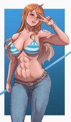 1girls abs bare_arms bare_shoulders big_breasts blush bra clothed clothing color female female_focus female_only fit_female fluffydus hi_res jeans large_breasts light-skinned_female light_skin long_hair looking_at_viewer muscles muscular muscular_female nami nami_(one_piece) one_piece orange_eyes orange_hair shounen_jump solo solo_female tagme tattoo thick_thighs