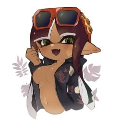 1girls bangs blunt_bangs breasts dokudami-sama_(vaz_999) eyewear eyewear_on_head highres inkling inkling_girl inkling_player_character jacket long_hair looking_at_viewer navel no_bra open_jacket open_mouth pointy_ears sino_(o_x_x_o) solo splatoon splatoon_(series) sunglasses sunglasses_on_head tentacle tentacle_hair