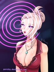 blonde_hair blue_eyes cleavage collarbone eyeshadow female female_only femsub final_fantasy final_fantasy_vii hair_bun hypnosis long_hair mind_control necklace porniky red_lipstick scarlet_(ffvii) single_hair_bun solo spiral spiral_eyes watermark
