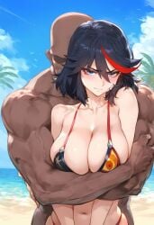 1boy 1girls ai_generated bare_arms bare_shoulders big_breasts black_hair blue_eyes blush color dark-skinned_male dark_skin female hi_res interracial kill_la_kill large_breasts light-skinned_female light_skin looking_at_viewer male male/female matoi_ryuuko muscles muscular muscular_male nakatori short_hair tagme