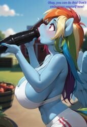 ai_assisted ai_generated anthro blue_skin dildo dildo_fellatio holding_dildo holding_object huge_breasts huge_dildo midriff my_little_pony object_insertion outside pink_lips rainbow_dash_(mlp) rainbow_hair red_eyes side_view sports_bra text thick_lips wings yoga_pants