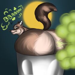 anthro ass big_butt butt_focus fart fart_cloud gassy hi_res inside_trash_can male mammal night procyonid raccoon raised_tail smelly solo stuck sunflower_fox tail trash_can