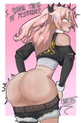 1girls ass ass_focus blush booty detached_sleeves embarrassed jitters looking_back nicole_demara open_mouth partially_clothed pink_hair shorts surprised_expression sweatdrop zenless_zone_zero