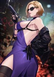 ass_focus back_view blonde_hair booty breasts dress female female_only femdom gloves gun kagematsuri looking_at_viewer milf nina_williams sideboob sunglasses tekken tekken_8 thick_thighs tinted_eyewear