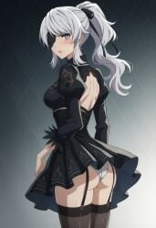 ai_generated ass black_dress blue_eyes blush female female_only looking_at_viewer medium_breasts nier:_automata nier_(series) pale-skinned_female pale_skin panties patch ponytail skirt_up wavy_hair white_hair white_panties yorha_no.4