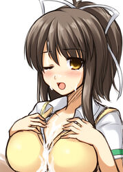 asuka_(senran_kagura) big_breasts breast_squeeze breasts brown_eyes brown_hair cleavage cum cum_on_body cum_on_breasts cum_on_clothes cum_on_upper_body don_(29219) facial large_breasts open_mouth penis senran_kagura sweater_vest wink