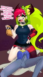 big_breasts cartoon_network cum cum_through_clothes demencia_(villainous) dialogue dr._flug_(villainous) erection evil_raccoon facesitting long_hair miniskirt muscular muscular_female pale_skin sitting sitting_on_face thick_legs thick_thighs thighs villainous