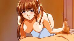 animated blush breasts brown_hair censored female handjob human konno_suzuka love_fetish male penis straight sweat thighhighs topless