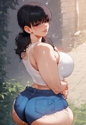 ai_generated back_view backboob bare_legs big_ass big_breasts big_butt black_eyes black_hair chainsaw_man curvaceous curvy_female dat_ass fat_ass gigantic_ass huge_breasts huge_thighs large_breasts light-skinned_female light_skin livefrog looking_back massive_ass mitaka_asa ponytail short_shorts shounen_jump smiling solo_female squatting sweat sweatdrop tank_top thick_thighs thighs voluptuous