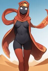 ai_generated areolae black_body black_skin breasts dark-skinned_female dark_skin desert headwear journey_(game) knees_together_feet_apart legwear long_dress looking_at_viewer looking_back looking_back_at_viewer nipples red_dress red_legwear solo thighhighs traveler white_eyes