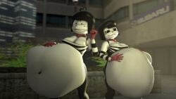 2023 2girls 3d belly_kicking belly_movement big_belly bloated bloated_belly bonbon_(derpixon) chuchu_(derpixon) clothed mime_and_dash qpwuzhere sfm vore vore_belly