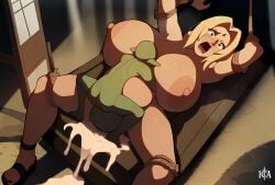 ai_generated bondage crying crying_with_eyes_open cum_in_pussy gigantic_breasts goblin highres huge_breasts inflation ironcladart monster nude rape tagme tied_up tsunade