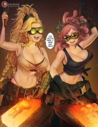 2girls big_breasts breasts clothed dismaiden female gemma_(monster_hunter_wilds) hatsume_mei mei_hatsume monster_hunter my_hero_academia tagme