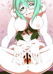 2girls black_hair blush breasts censored glasses green_hair infinite_stratos large_breasts multiple_girls orimura_chifuyu saliva spread spread_legs yamada_maya_(infinite_stratos)