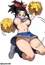 ai_generated black_eyes black_hair blue_skirt blush boobs_out bouncing_breasts cheerleader dragon_ball_super jumping kefla looking_at_breasts lupusorchis panties pom_poms red_ribbon ribbon_in_hair skirt_up white_background white_panties