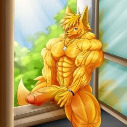 abs balls bedroom big_penis big_tail fennec furry indoors muscles naked neckless orange_fur outdoors pecs penis taiko-sihori tongue_out window