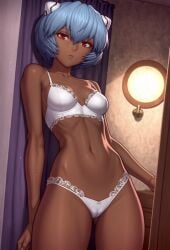 ai_generated ayanami_rei bangs bare_shoulders blue_hair bra breasts cameltoe closed_mouth clothing dark-skinned_female dark_skin female hair_between_eyes headgear indoors lamp lingerie lips looking_at_viewer medium_breasts mole navel neon_genesis_evangelion pantsu red_eyes short_hair small_breasts solo standing stomach thighs underwear underwear_only white_bra white_panties white_underwear