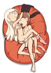 bean_bag comic ctfbm david_(hilda) fingering grabbing_head hilda_(series) leggings marra sucking_nipples sweat