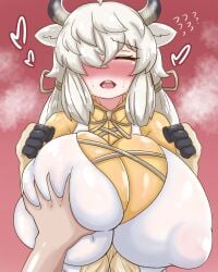 1girls big_breasts blush breast_squeeze breasts busty enormous_breasts female giant_breasts gigantic_breasts hair_over_one_eye huge_breasts hyper_breasts kemono_friends large_breasts massive_breasts sangchussam squeezing_breast yak_(kemono_friends)