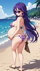 ai_generated animal_print beach bikini cigarette large_breasts long_hair pregnant purple_hair smoking sunglasses tinted_eyewear