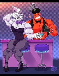 bar bar_stool bobthetanuki bowtie buff bulge bunny_suit djimmi_the_great drink extrasizedbob heels high_heels king_dice muscular pecs stool suit