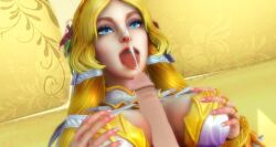 1boy 1girls 3d aphrodite_(smite) big_breasts blonde_hair cum cumshot dudehentai european_mythology female goddess greek_mythology hi-rez_studios light-skinned_female light-skinned_male light_skin male mythology old_character_design paizuri smite tongue tongue_out xnalara