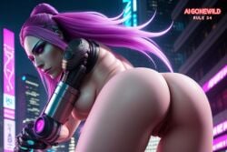 ai_generated breasts cybernetic_arm cybernetic_limb cybernetics cyberpunk cyberpunk_2077 neon_lights sexy_pose vagina