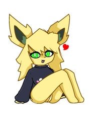 black_sweater breasts eeveelution green_eyes heart jolteon pussy pussy_juice pussy_peek sweater thick_thighs thighs yellow_fur yellow_hair