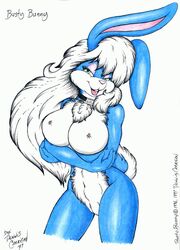 1990s 1997 20th_century anthro big_breasts blue breasts busty_bunny dennis_carrigan female fur furry green_eyes hair lagomorph long_hair looking_at_viewer nipples nude pose pussy rabbit smile standing tail vintage white_hair