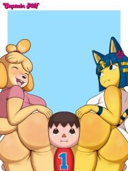 1boy 2girls angry_face animal_crossing ankha anthro ass ass_focus ass_grab big_ass big_butt blue_eyes blue_hair blue_stripes canine captainmilf cat_ears cat_tail catgirl clothed dog_ears dog_girl dog_tail isabelle_(animal_crossing) nintendo simple_background villager_(animal_crossing) yellow_fur