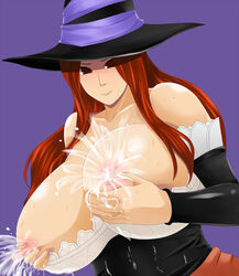 areolae bare_shoulders breast_hold breast_squeeze breasts breasts_out brown_eyes brown_hair detached_sleeves dragon's_crown dress erect_nipples hat huge_breasts lactation large_areolae long_hair mizuno_kakeru nipples sorceress_(dragon's_crown) strapless_dress vanillaware witch witch_hat