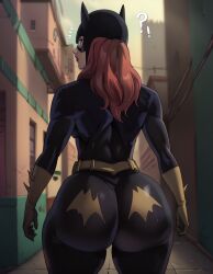 1girls ai_generated ass_focus back_view barbara_gordon batgirl building dat_ass dc dc_comics lustylewdz masked_female muscular_female pawg phat_ass red_lipstick redhead solo solo_female thick_ass utility_belt yellow_gloves